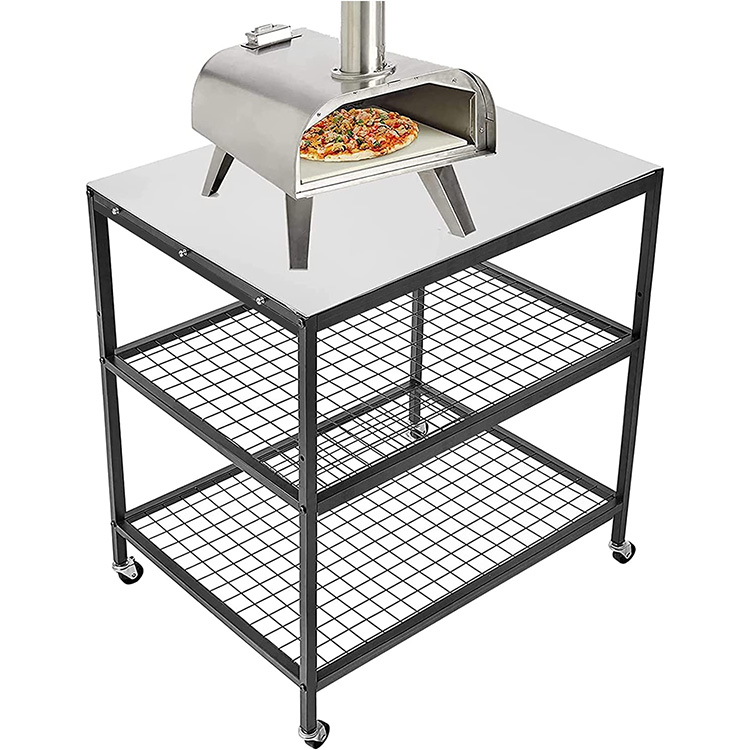 JH-Mech Outdoor Three-Shelf Cooking Table with Wheels Large Storage Outdoor Movable BBQ Table Stainless Steel Dining Cart