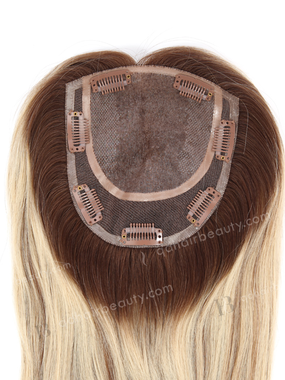 In Stock 5.5"*6" European Virgin Hair 16" Straight T4/22# with 4# Highlights Color Silk Top Hair Topper-112