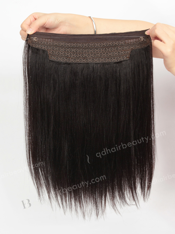 Human Hair 14'' Yaki 2# Color Invisible Headband Wire Clip in Halo Hair Extensions WR-HA-011
