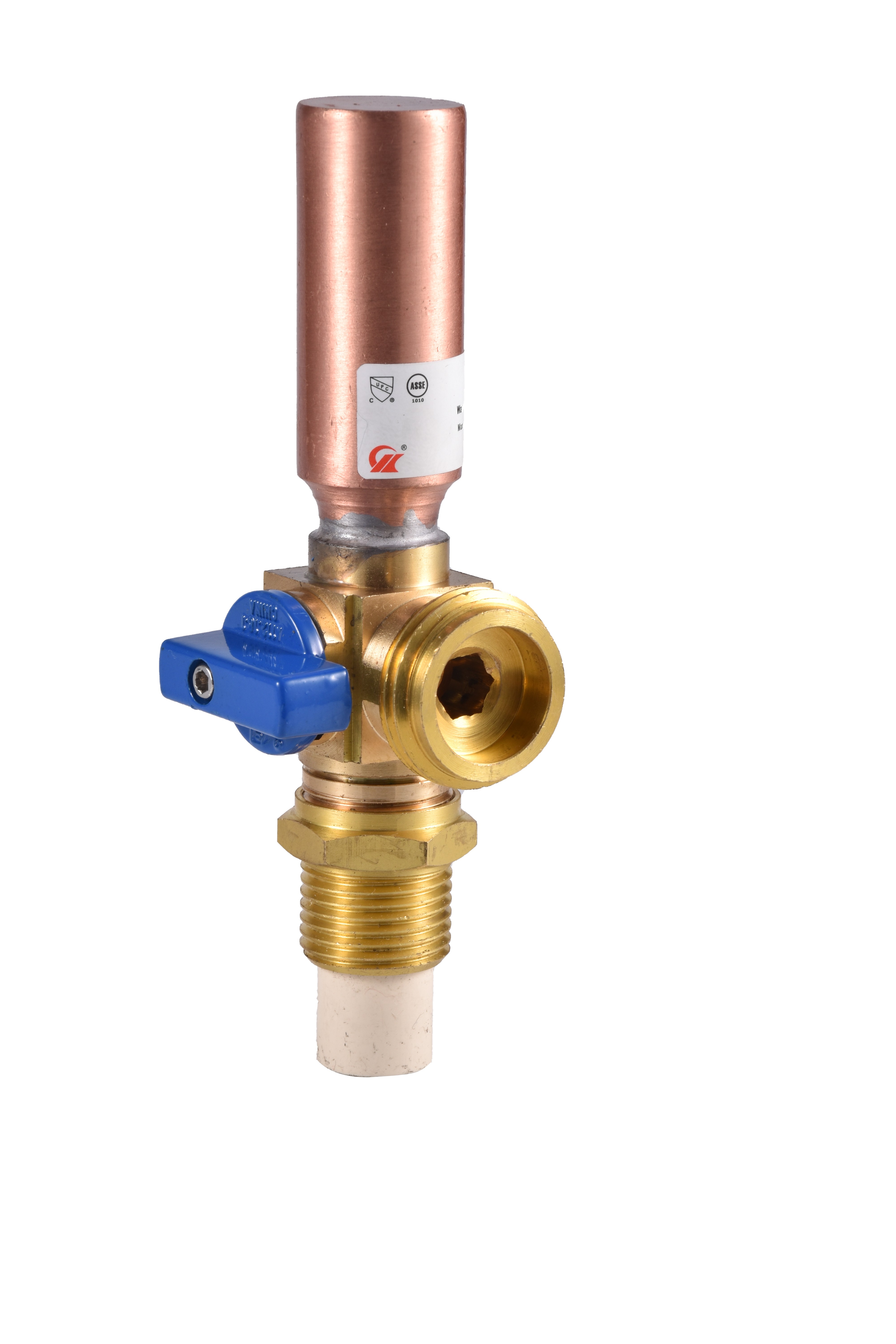 Valve with Copper Water Hammer Arrester 1/2" CPVC x 3/4" MHT Left Blue and Right Red Handle
