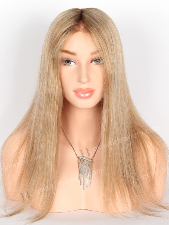 In Stock European Virgin Hair 16" Straight Base 8#/22#/60#, Roots 4# Color Monofilament Top Glueless Wig GLM-08006