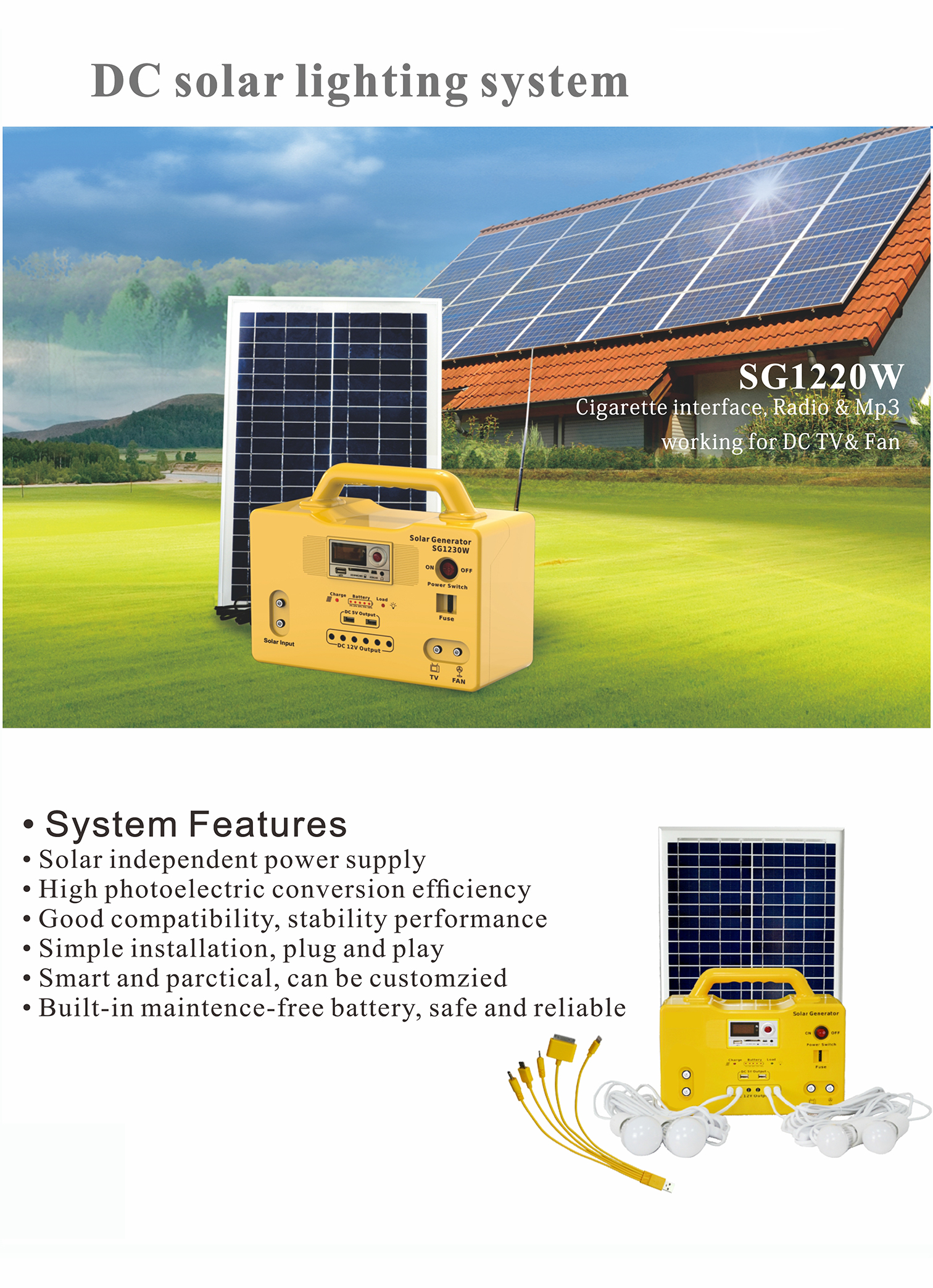 DC Solar Generator 20W Solar System, with MP3 player, Radio, USB and Lighting