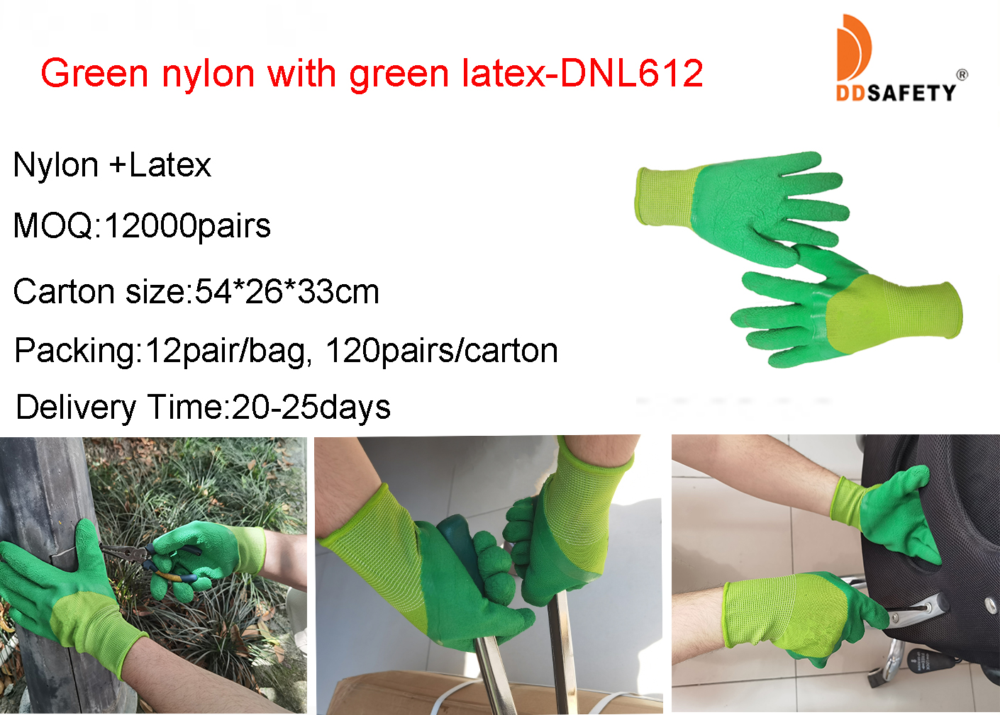 Guantes de nylon verde con látex verde-DNL612