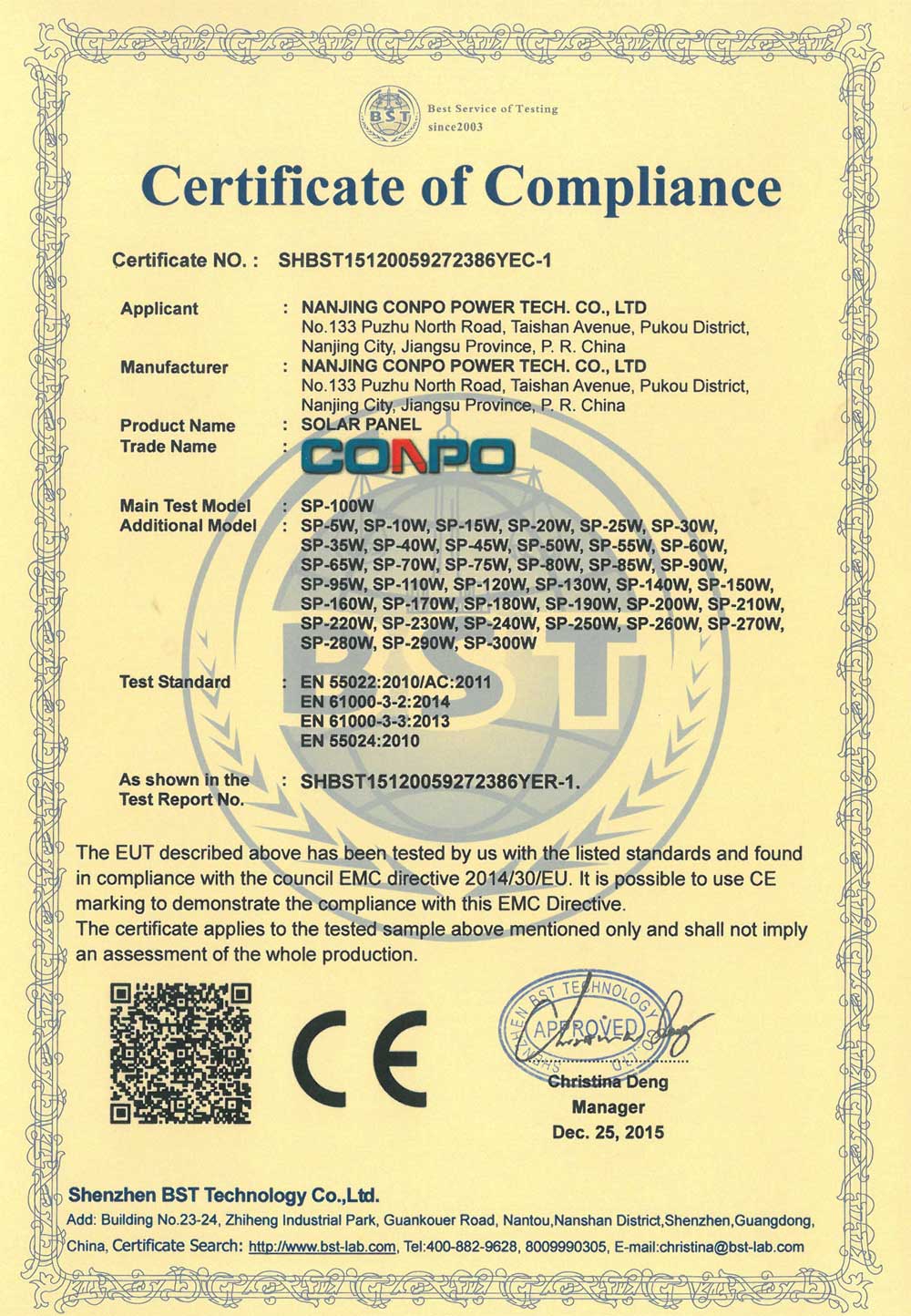 CE Certificate for Solar Panel
