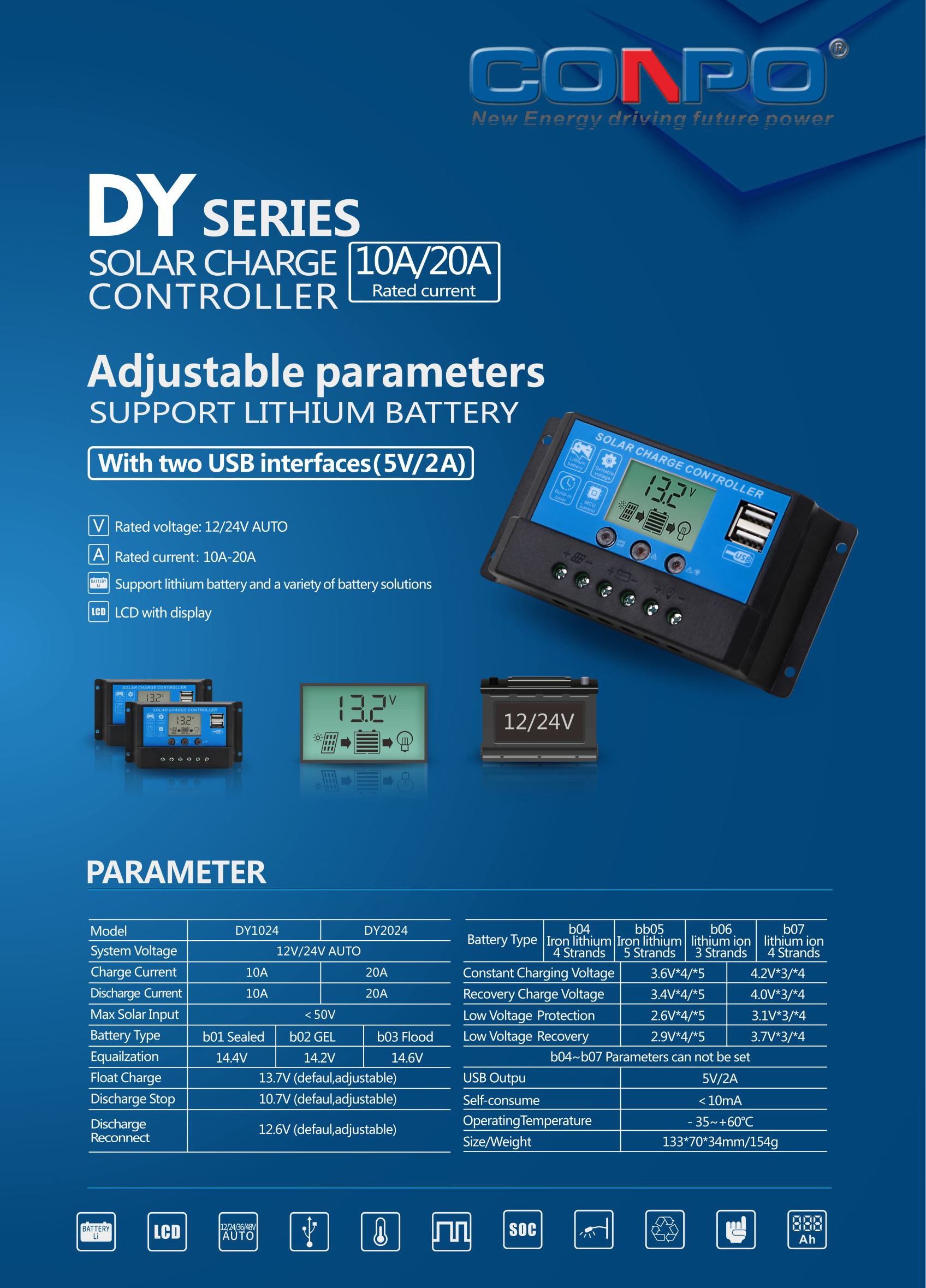 PWM Solar Charge Controller DY series  10A/20A  12V/24V auto. 