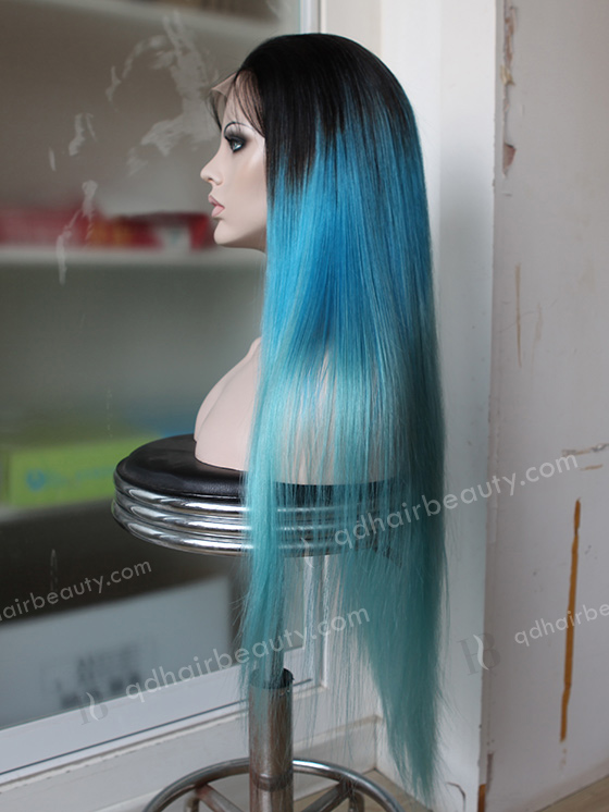 Dark Roots Blue Human Hair Wig WR-LW-085