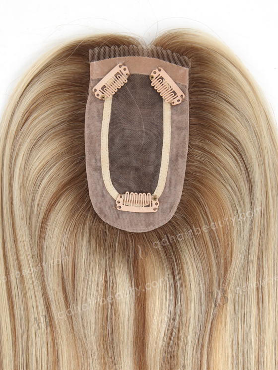 In Stock 2.75"*5.25" European Virgin Hair 16" Straight Color T9/60# with 9# Highlights Monofilament Hair Topper-083