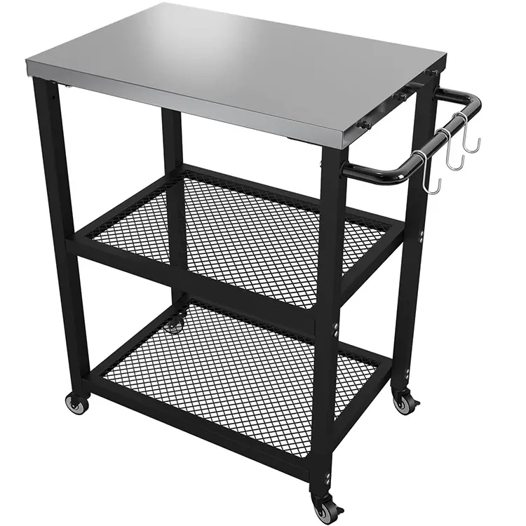 JH-Mech Outdoor Workspace Three-Layer Shelf Movable Food Prep Cart Table Stainless Steel Mobile Dining Cart