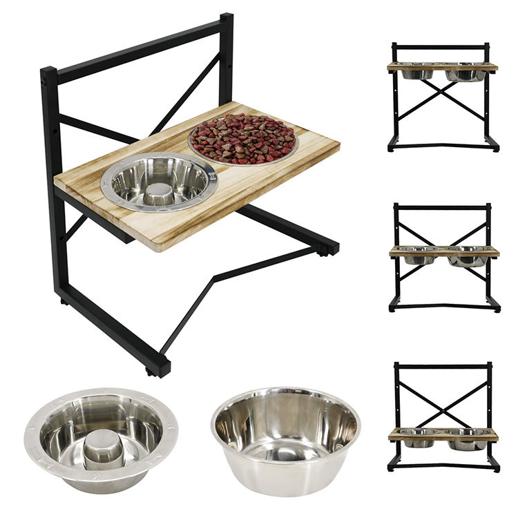 JH-Mech Feeder Bowls Adjustable To 3 Heights With 2 Slow Feeder Bowls Stainless Steel Elevated Dog Bowls 4 Adjustable Heights