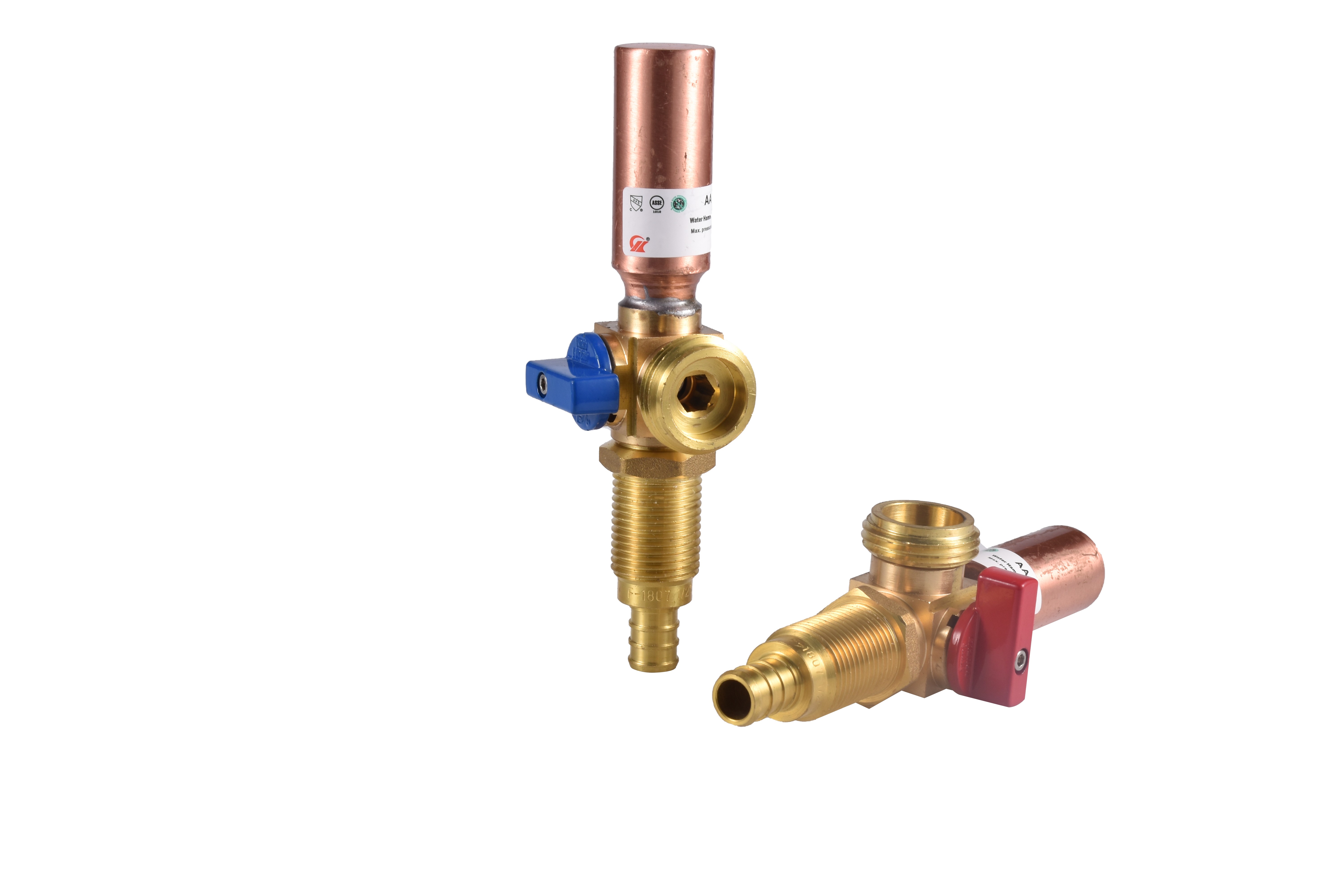 Valve with Copper Water Hammer Arrester 1/2" F-1807 Crimp Pex  x 3/4" MHT Left Blue and Right Red Handle