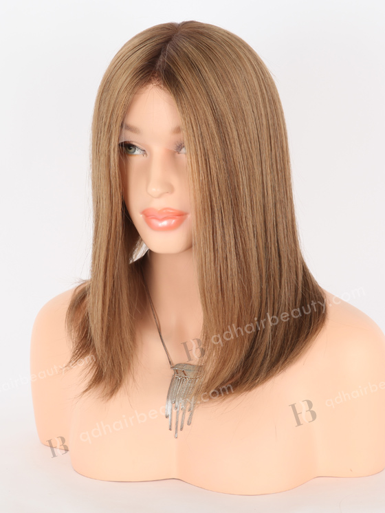 In Stock European Virgin Hair 12" All One Length Straight 8a/4/9# Highlights, Roots 4# Color Lace Front Silk Top Glueless Wig GLL-08069