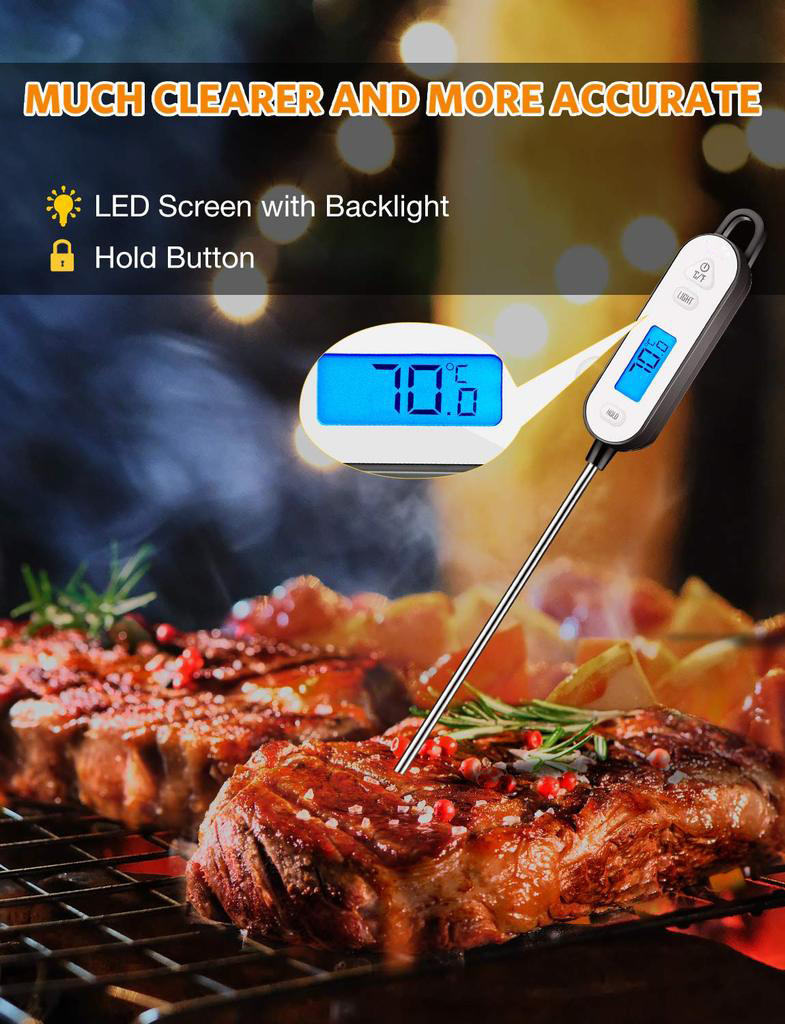 Digital Cooking Thermometer, Waterproof with Backlight, 5.8" Long Probe, ºF/ºC, Auto-Off for BBQ Grill Kitchen Baking Turkey Candy Water Milk, white