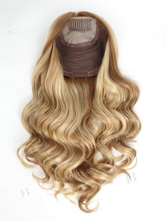 In Stock European Virgin Hair 18" One Length Beach Wave T8/613# with 8# Highlights 8"×8" Silk Top Wefted Hair Topper-020