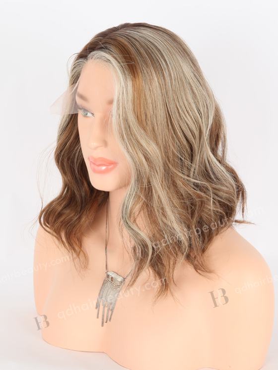 In Stock European Virgin Hair 12" All One Length Beach Wave 4#/10#/60# Mixed, Roots 3# Color Lace Front Wig RLF-08015