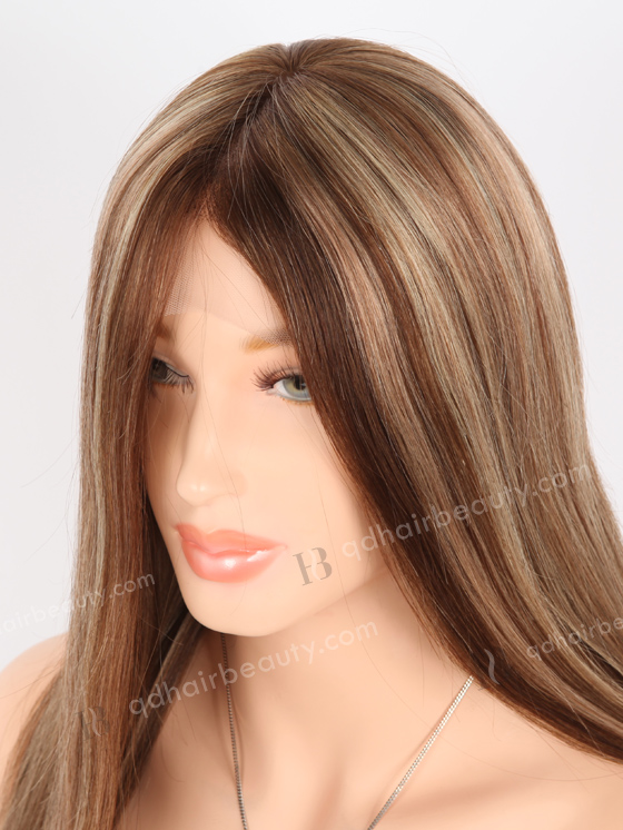 In Stock European Virgin Hair 18" Straight 4/8/14# Highlights, Roots 4# Color Lace Front Silk Top Glueless Wig GLL-08068