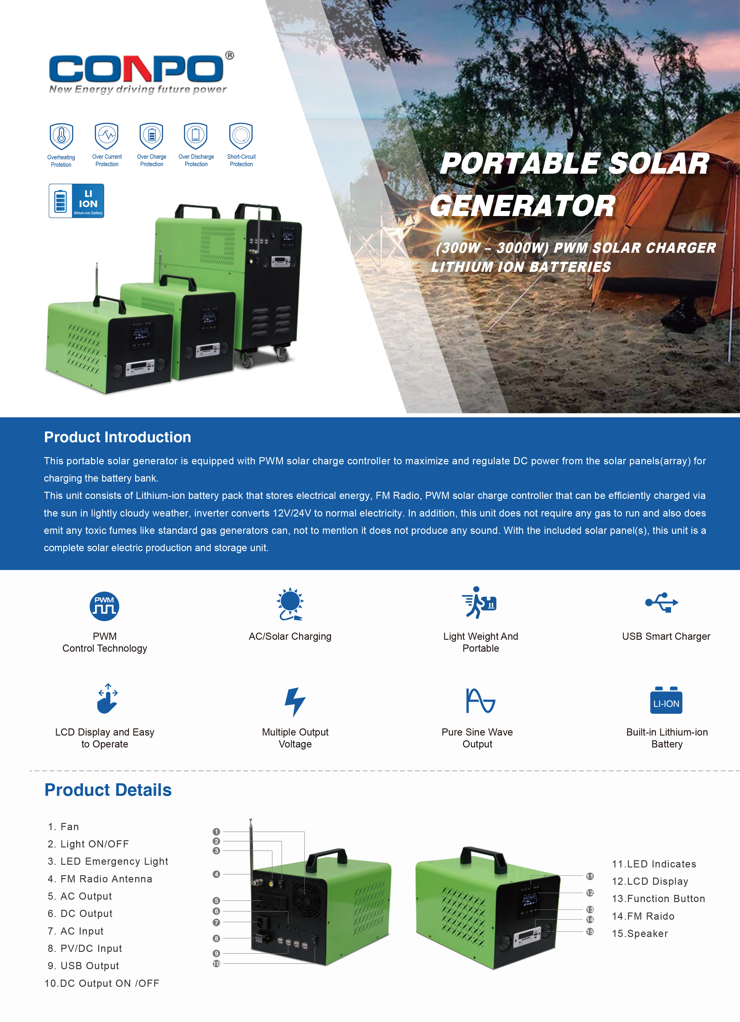300W/500W/1000W/2000W/3000W PIP-Li series DC/AC Solar Generator, built-in PWM Solar Charge Controller (Lithium Battery)