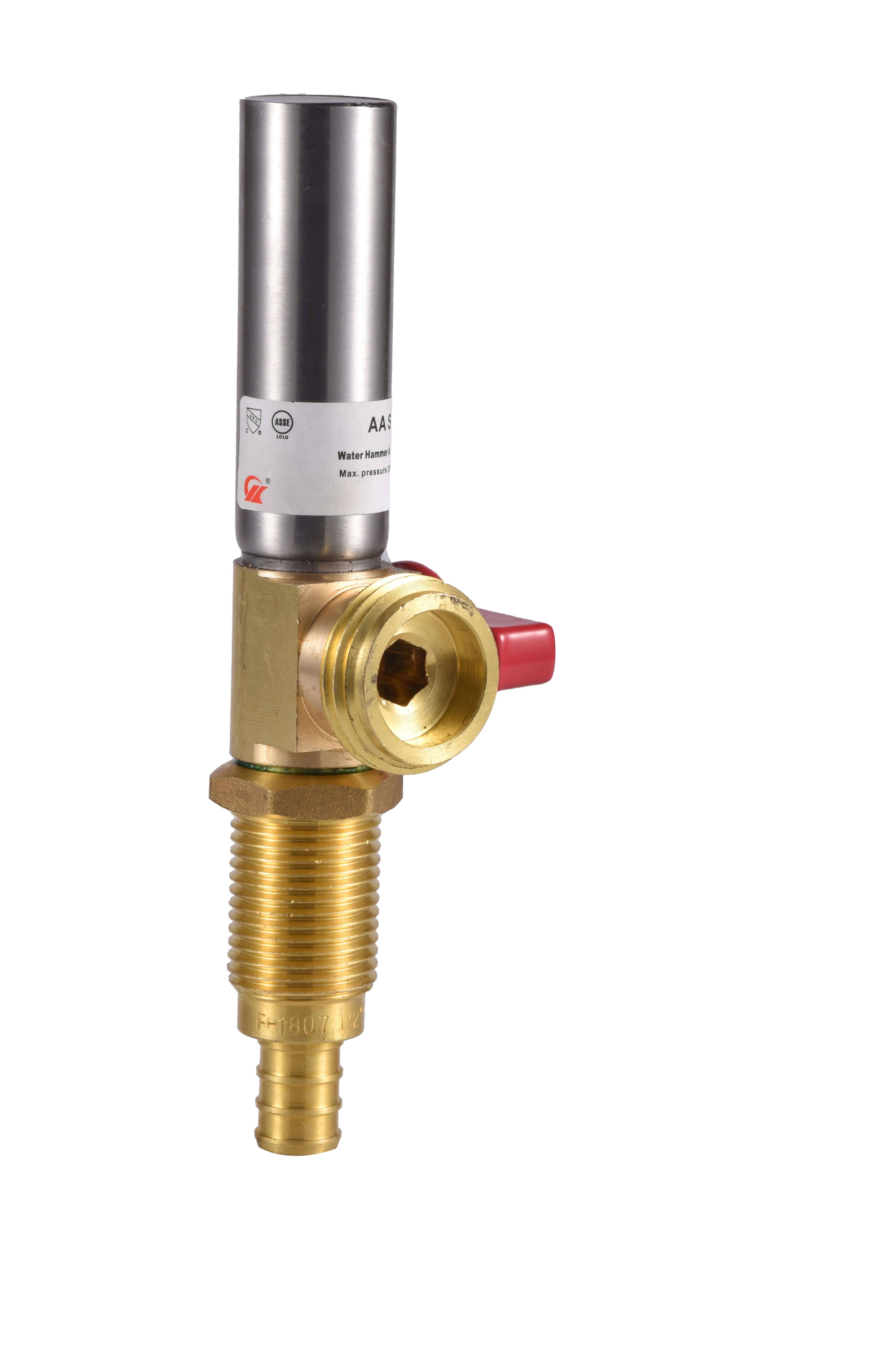 Valve with Stainless Steel Water Hammer Arrester 1/2" F-1807 Crimp Pex x 3/4" MHT Left Blue and Right Red Handle