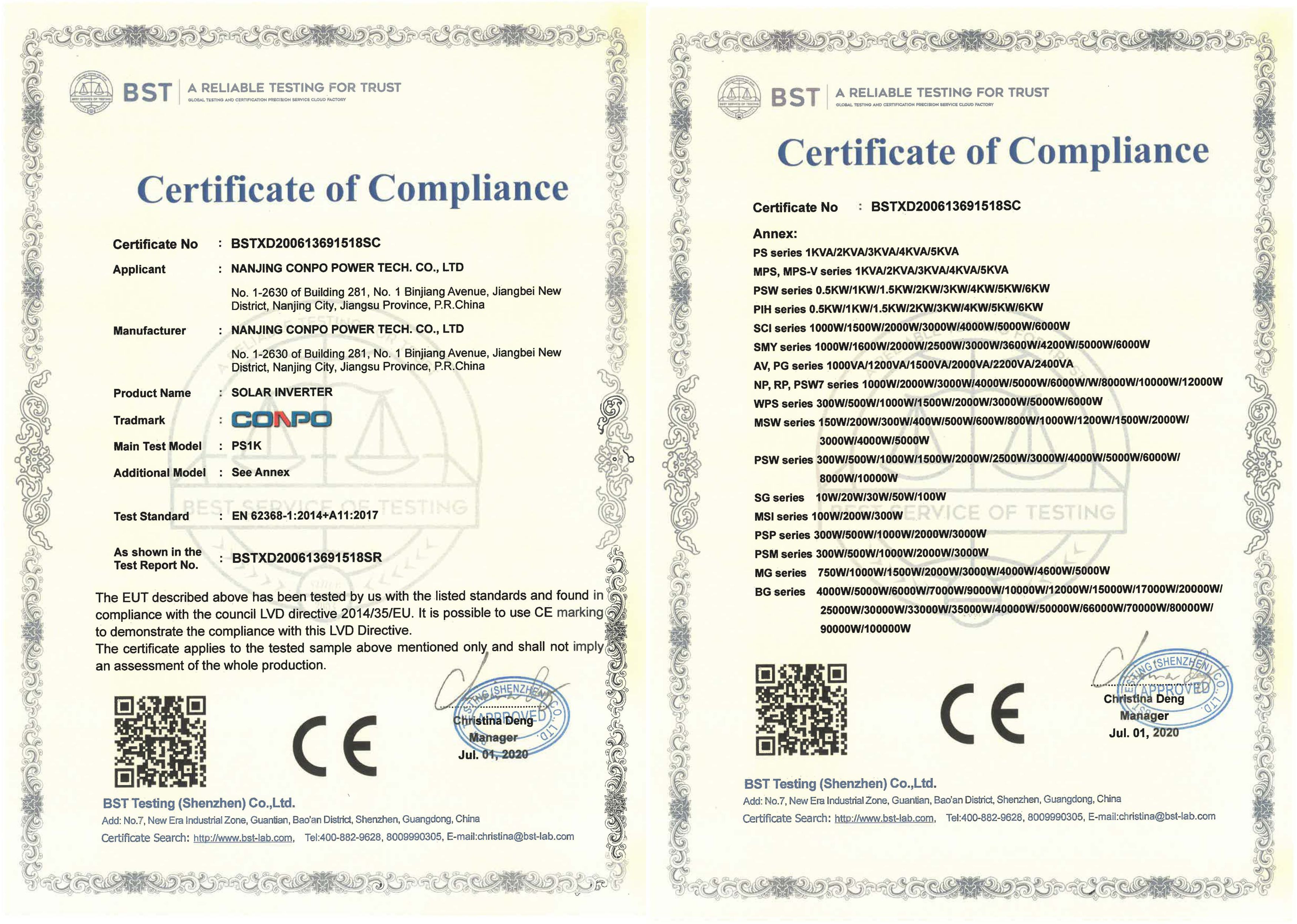 CE-LVD Certificate for Solar Inverter