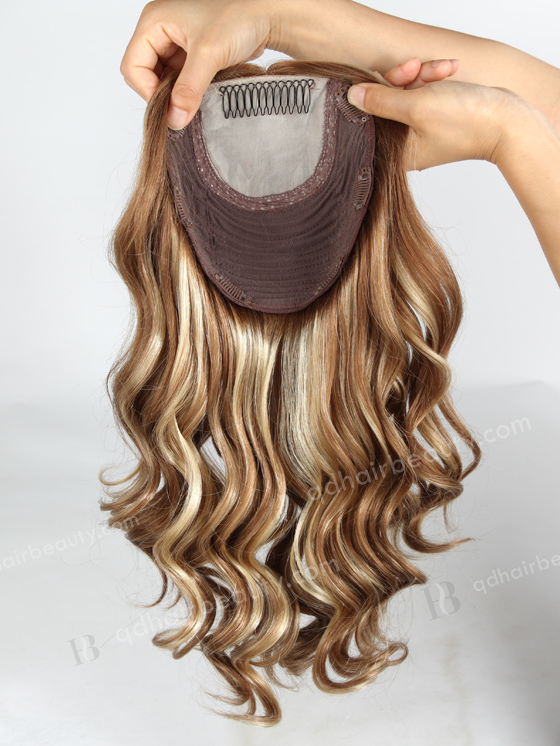 In Stock European Virgin Hair 16" One Length Beach Wave 8/9/22# Highlights With Roots Color 8# 8"×8" Silk Top Wefted Topper-028