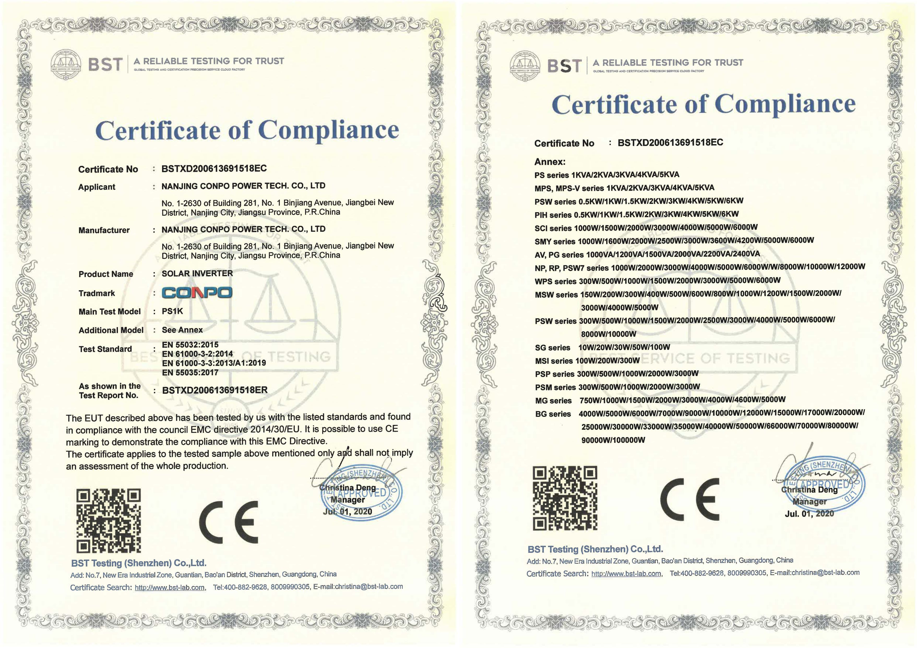 CE-EMC Certificate for Solar Inverter