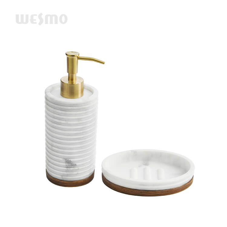 New design modern round marble polyresin bathroom accessories set with wood base