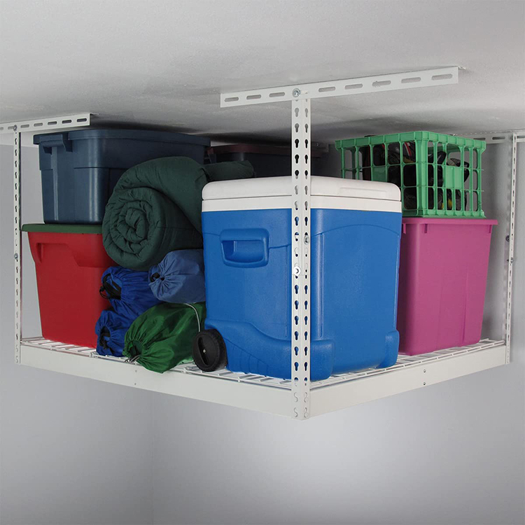 JH-Mech White Medium Adjustable Ceiling Rack 4x4 Overhead Storage Rack with 2 free Hooks for Garage Storage and Organization
