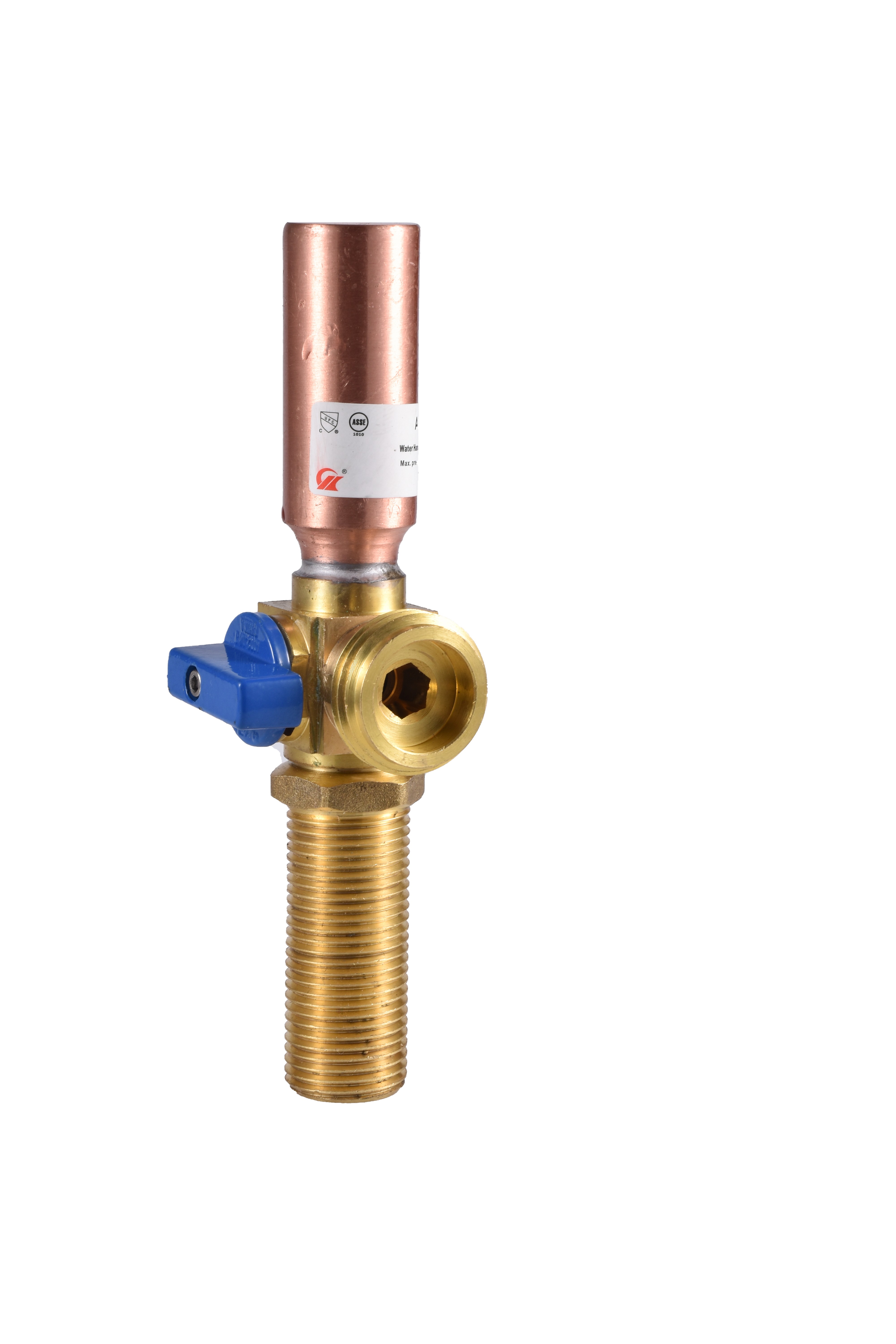 Valve with Copper Water Hammer Arrester 1/2" MIPS x 3/4" MHT Left Blue and Right Red Handle