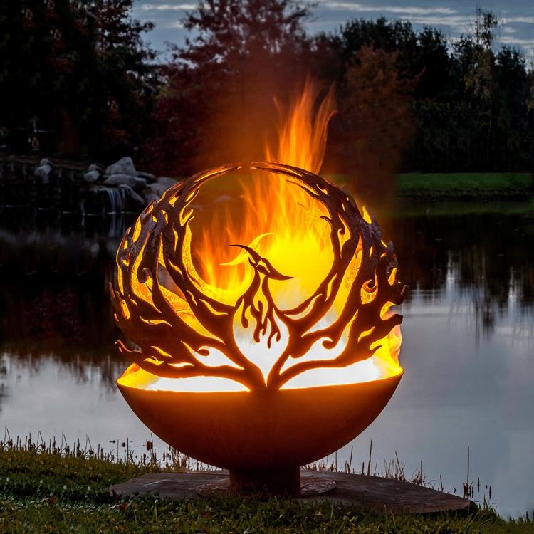 JH-Mech Phoenix Fire Sphere Rusted Patina Steel Fire Globe Metal Sphere Outdoor Firepits