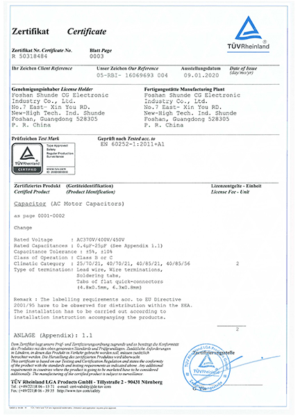 TUV certificate--R50318484 CBB61 0.4-25UF ±5% ±10% 450V 370V 400V Class B Class C 50 (60) Hz 25-70-21(40-70-21)(40-85-21)(40-85 -56) S3 SH_PAGE_2
