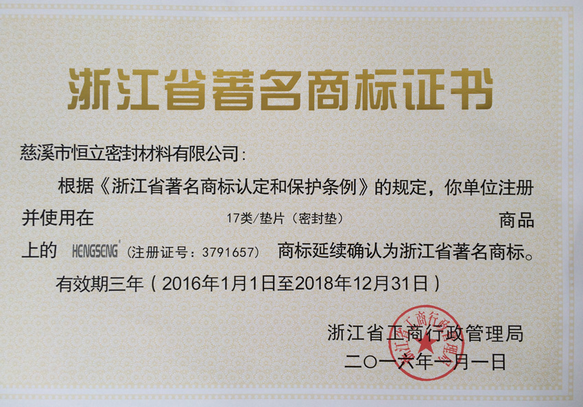 Certificat de marque célèbre du Zhejiang