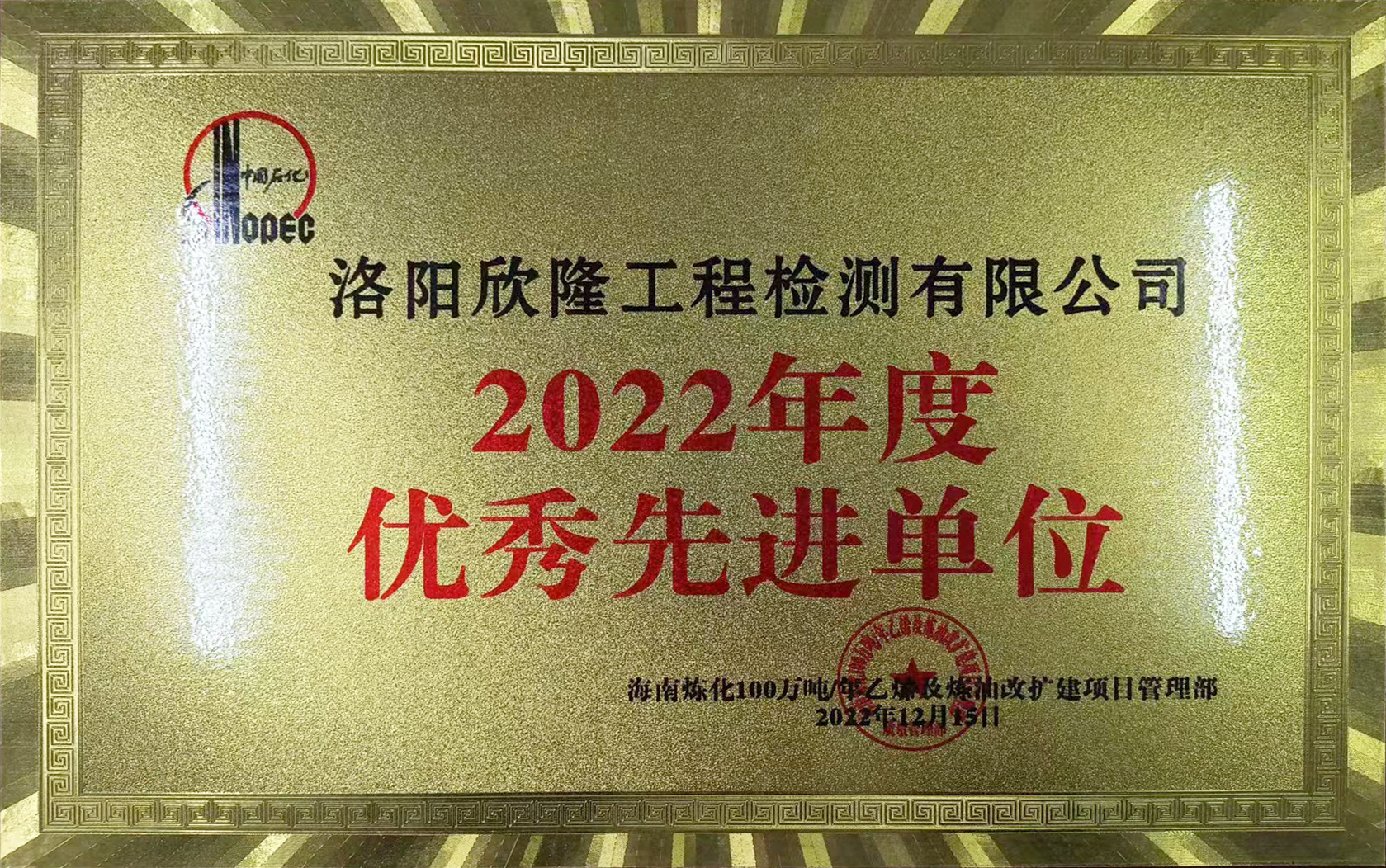 海南炼化项目 2022年度优秀先进单位